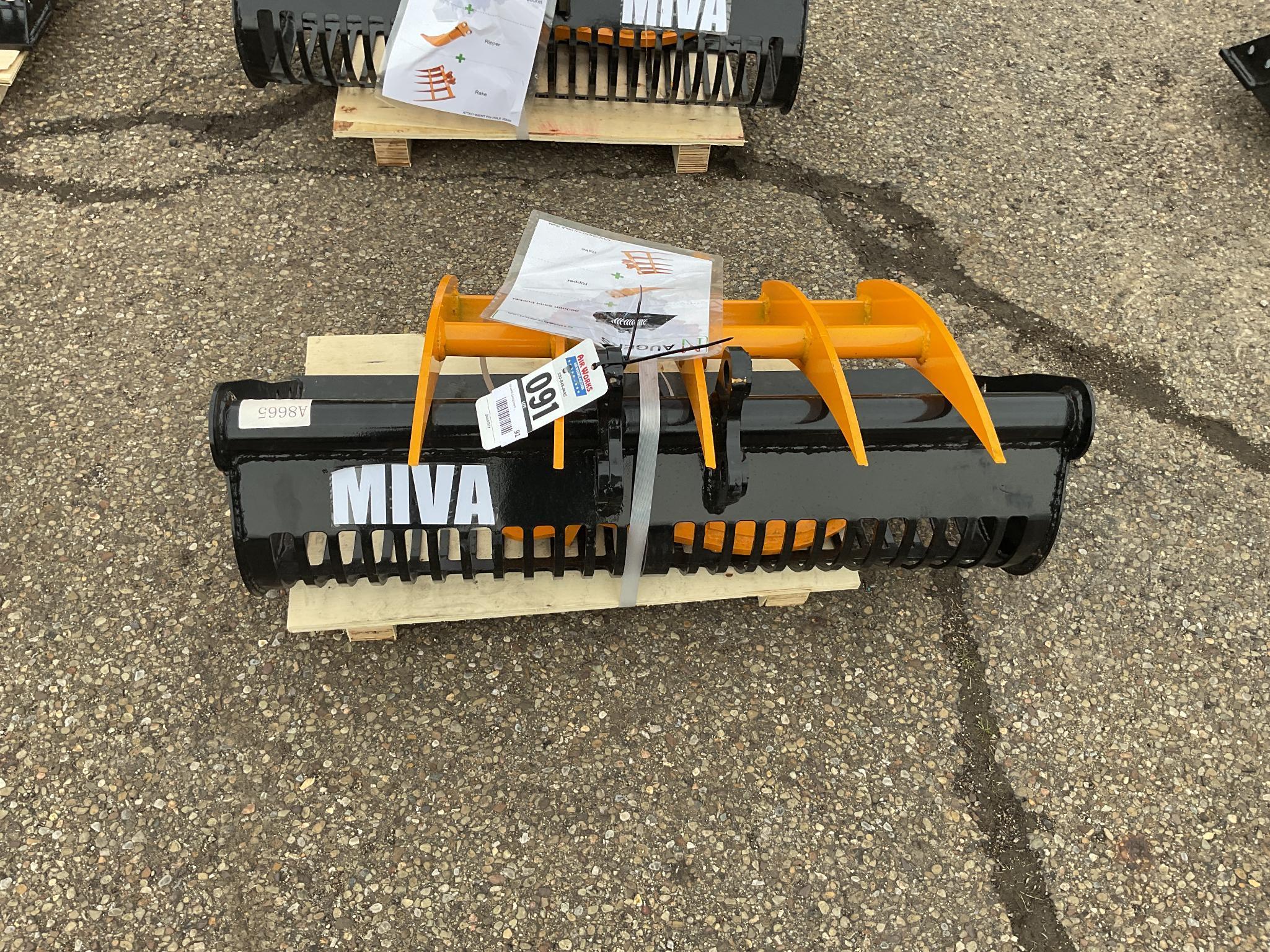 New Unused Miva 3 Pc. Mini Excavator Attachment Set, Includes Rake, Ripper and 32" Sand Bucket