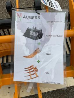 New Unused Miva 3 Pc. Mini Excavator Attachment Set, Includes Rake, Ripper and 32" Sand Bucket