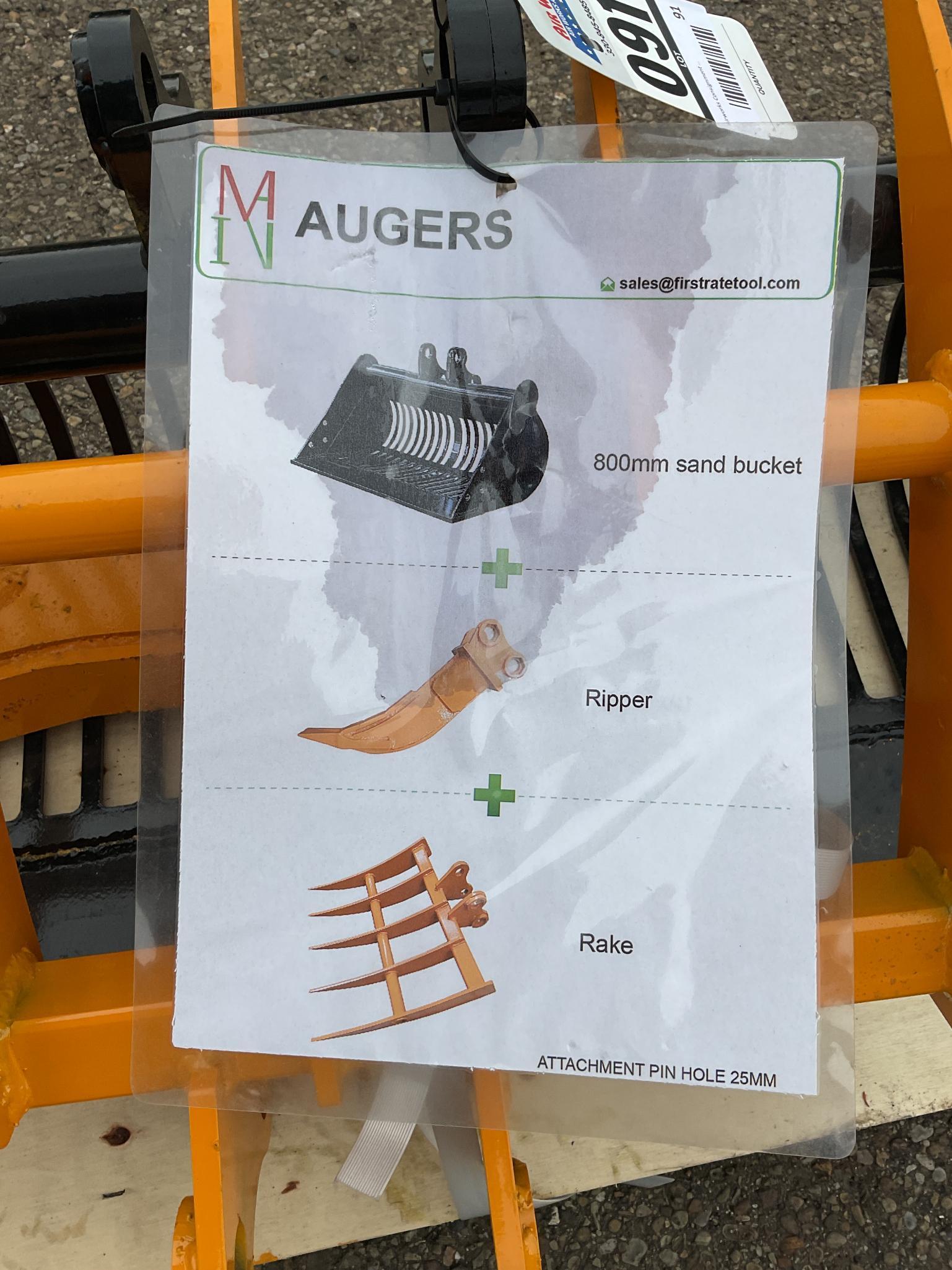 New Unused Miva 3 Pc. Mini Excavator Attachment Set, Includes Rake, Ripper and 32" Sand Bucket