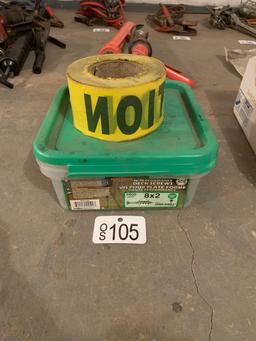 HALF BOX OF HIGH PERFORMANCE DECK SCREWS AND ROLL OF CAUTION TAPE