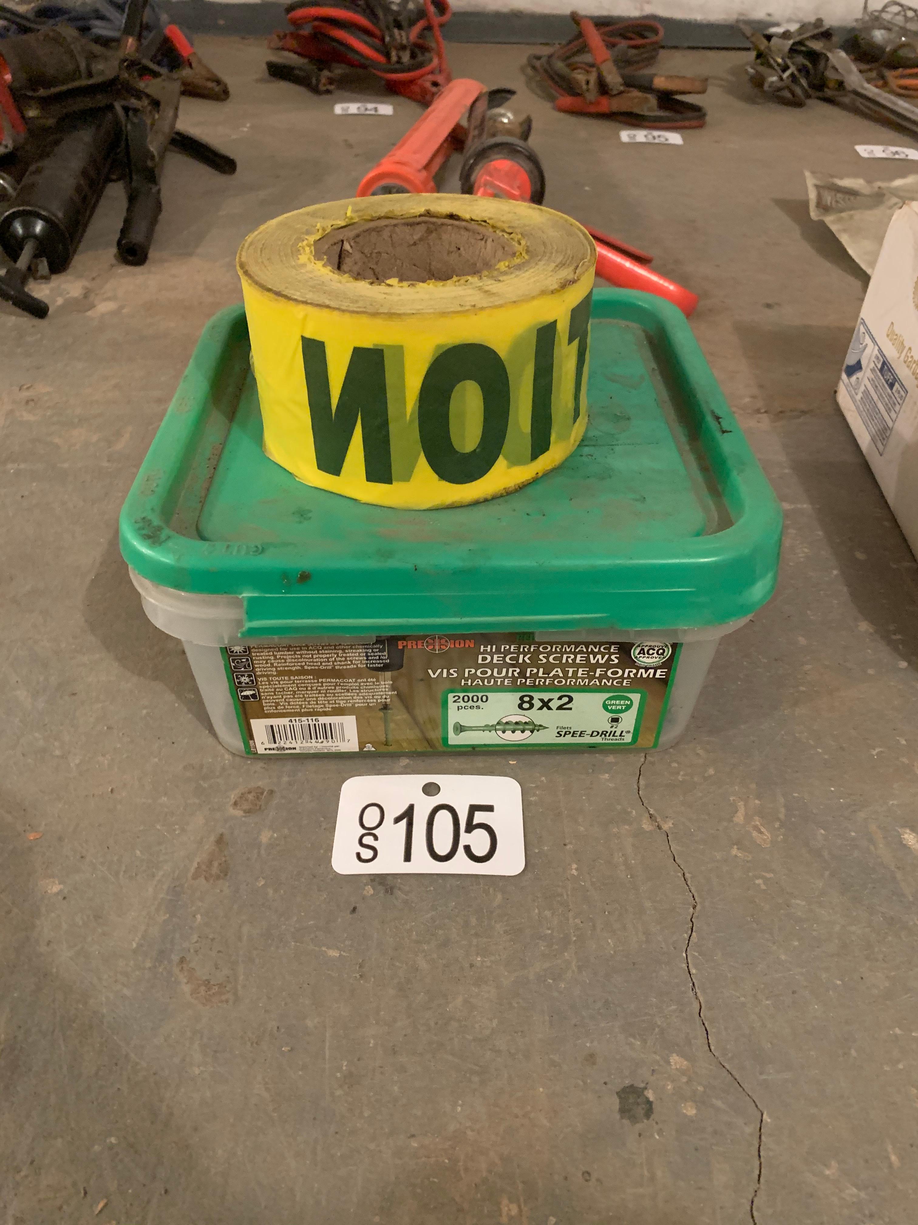 HALF BOX OF HIGH PERFORMANCE DECK SCREWS AND ROLL OF CAUTION TAPE