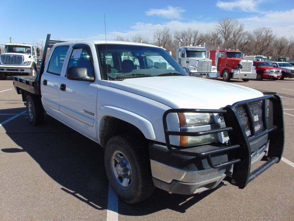 2003 Chevy 2500 Crewcab Flatbed Pickup, s/n 1gchk23u83f243399, v8 gas eng, auto trans, od reads