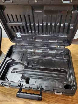 wooden table, binding machine, dewalt case