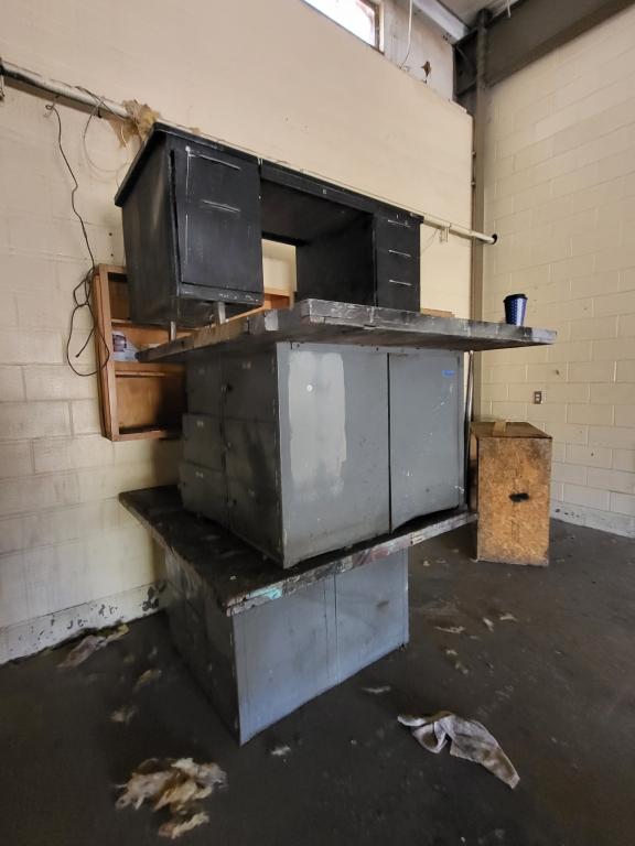 2 metal shop tables, metal desk