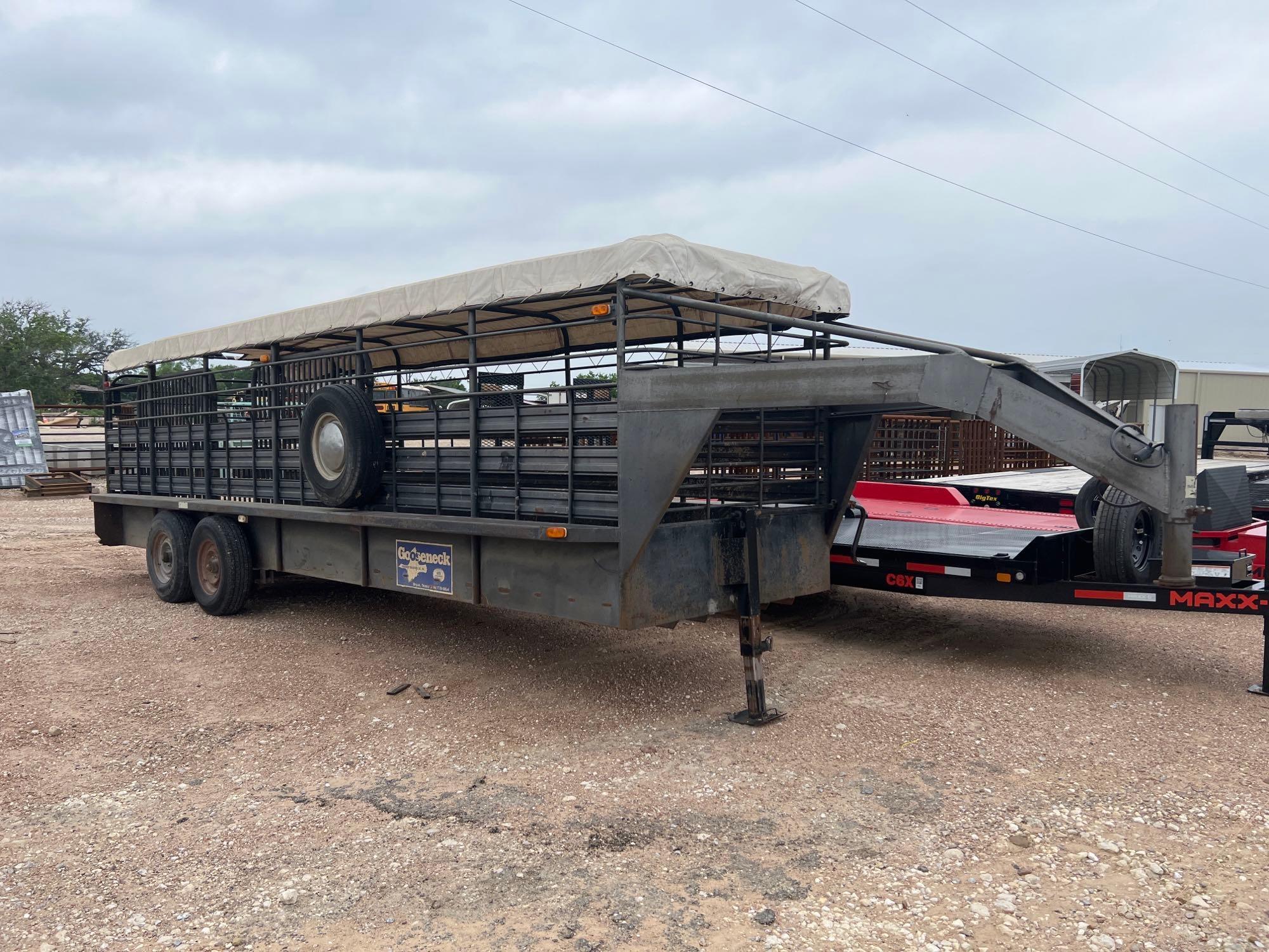 1995 6'X24' Gooseneck Cattle Trailer with Tarp Top with 3 - 8' Cuts and Butterfly Back Gates Grated