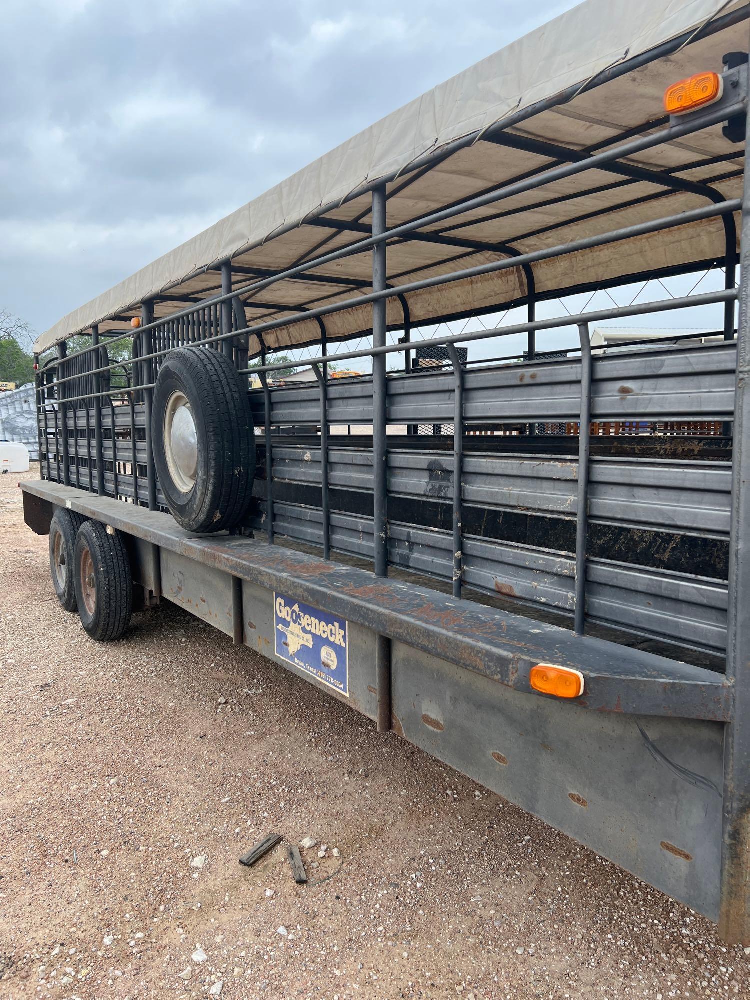 1995 6'X24' Gooseneck Cattle Trailer with Tarp Top with 3 - 8' Cuts and Butterfly Back Gates Grated