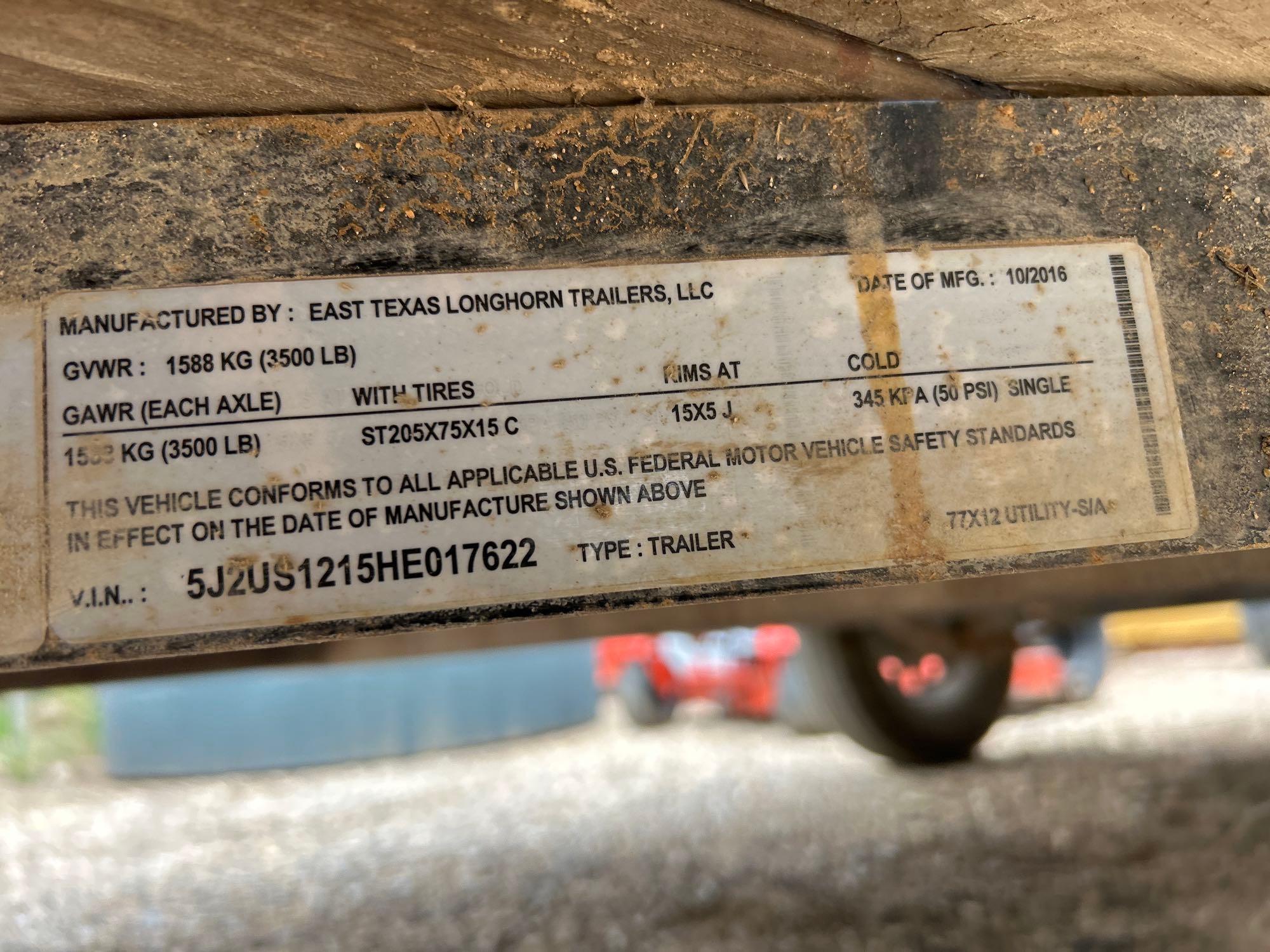 2019 East Texas Longhorn 77"X12' Single Axle Bumper Pull Utility Trailer VIN 17622 Title, $25 Fee