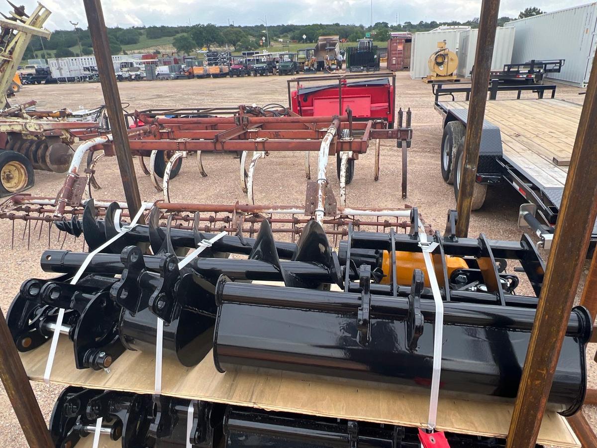 Unused Mini Excavator Attachment Set Includes 2 Buckets, Quick Hitch, Thumb, Ripper Rake and Post