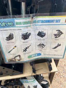 Unused Mini Excavator Attachment Set Includes 2 Buckets, Quick Hitch, Thumb, Ripper Rake and Post
