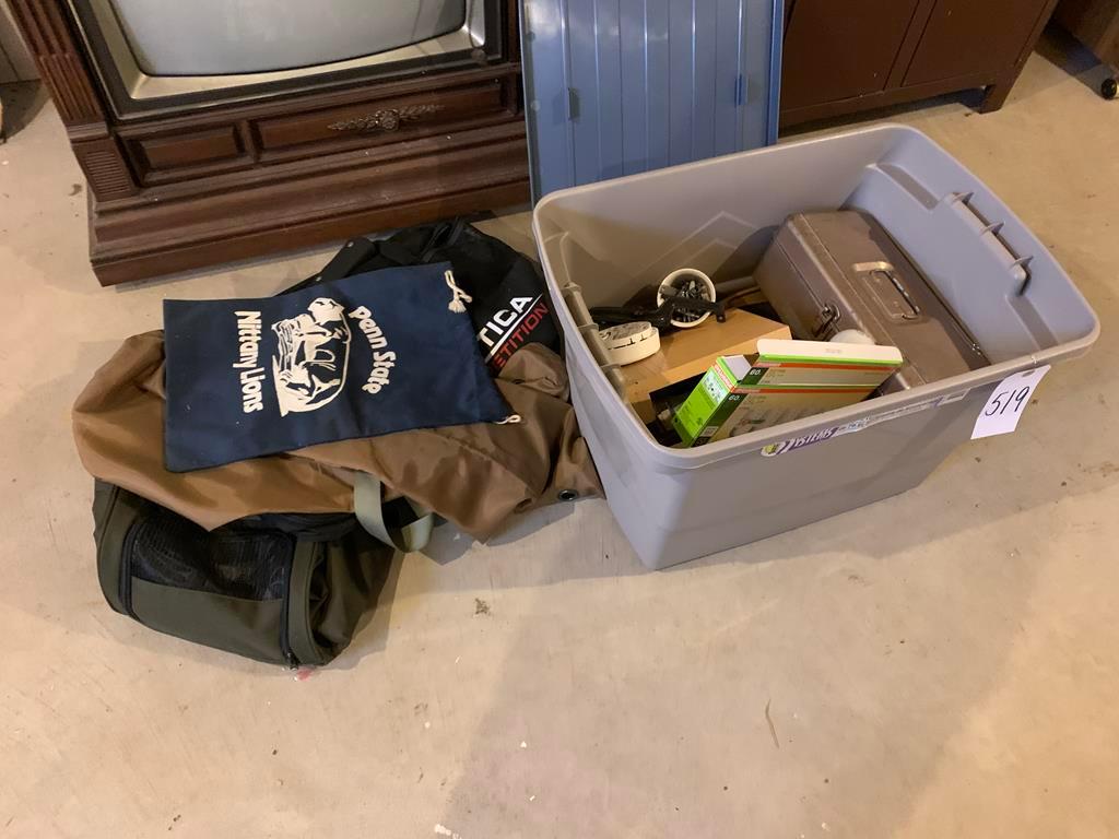 Tote of Misc. Tools, Hardware, Tackle Boxes, Paper Cutter, Bags & More