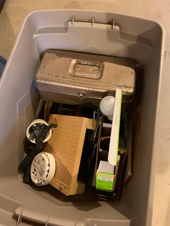 Tote of Misc. Tools, Hardware, Tackle Boxes, Paper Cutter, Bags & More