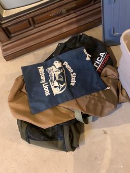 Tote of Misc. Tools, Hardware, Tackle Boxes, Paper Cutter, Bags & More