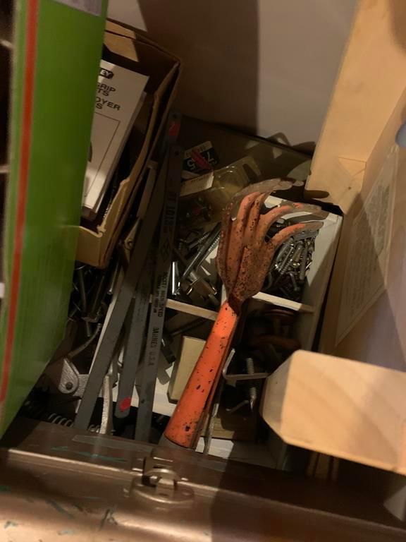 Tote of Misc. Tools, Hardware, Tackle Boxes, Paper Cutter, Bags & More