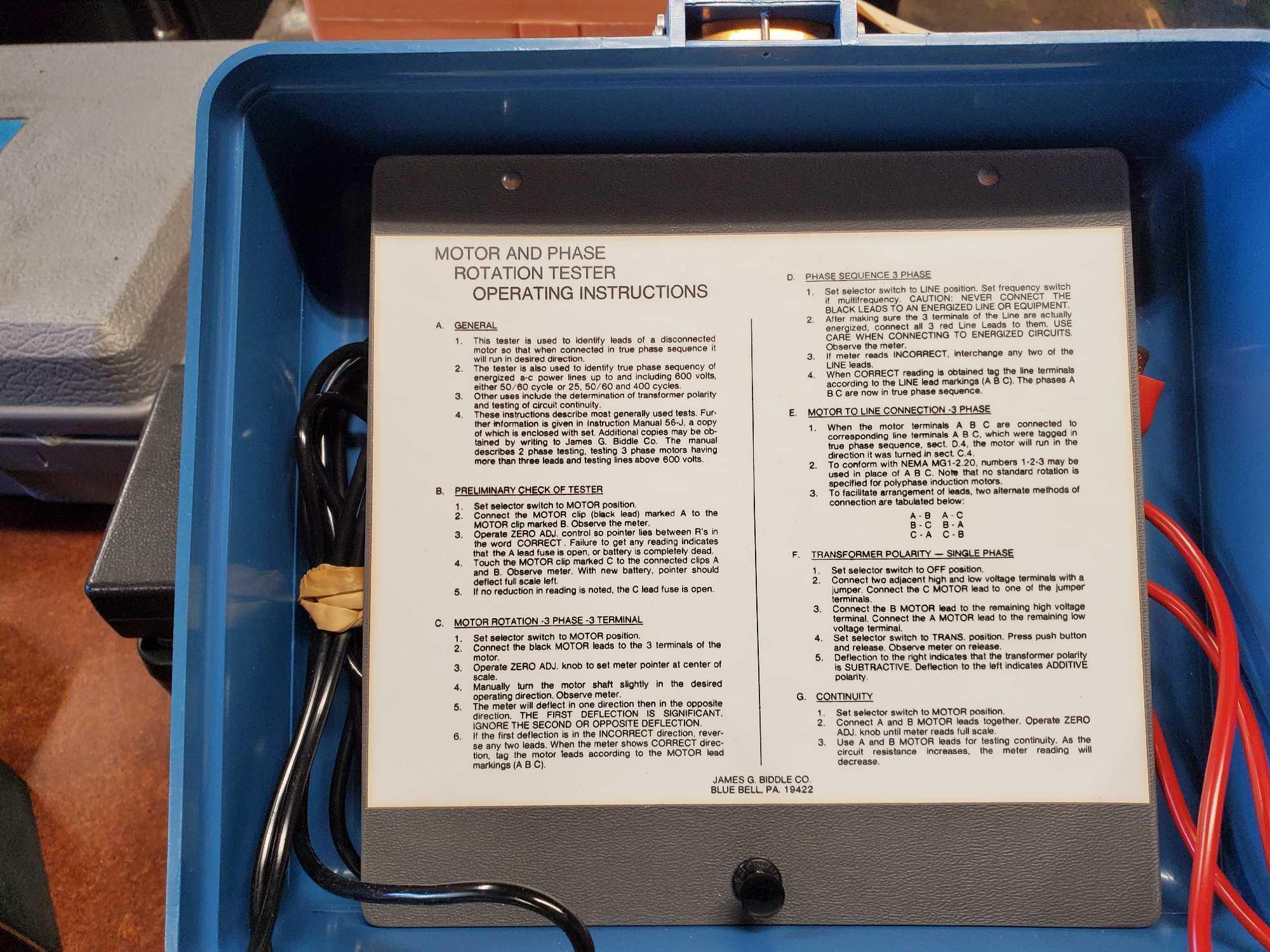 BIDDLE PHASE CONVERTER AND MOTOR ROTATION TESTER