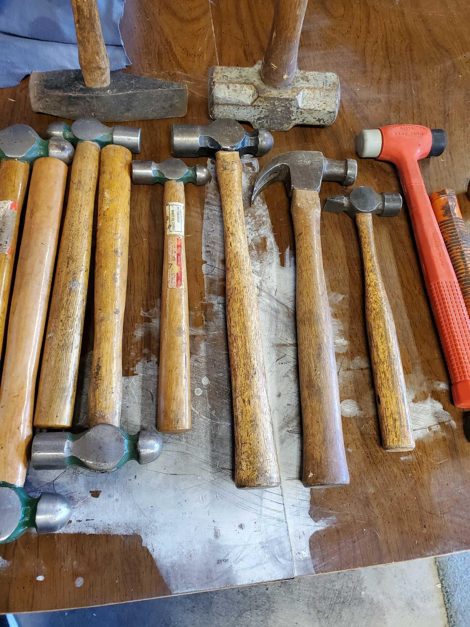 BOX FULL OF HAMMERS AND VINTAGE NAIL PULLER