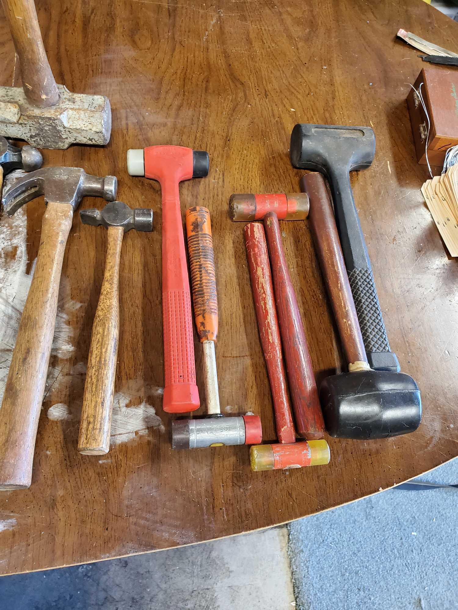 BOX FULL OF HAMMERS AND VINTAGE NAIL PULLER