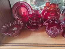 GLASSWARE ON THIRD SHELF OF HUTCH