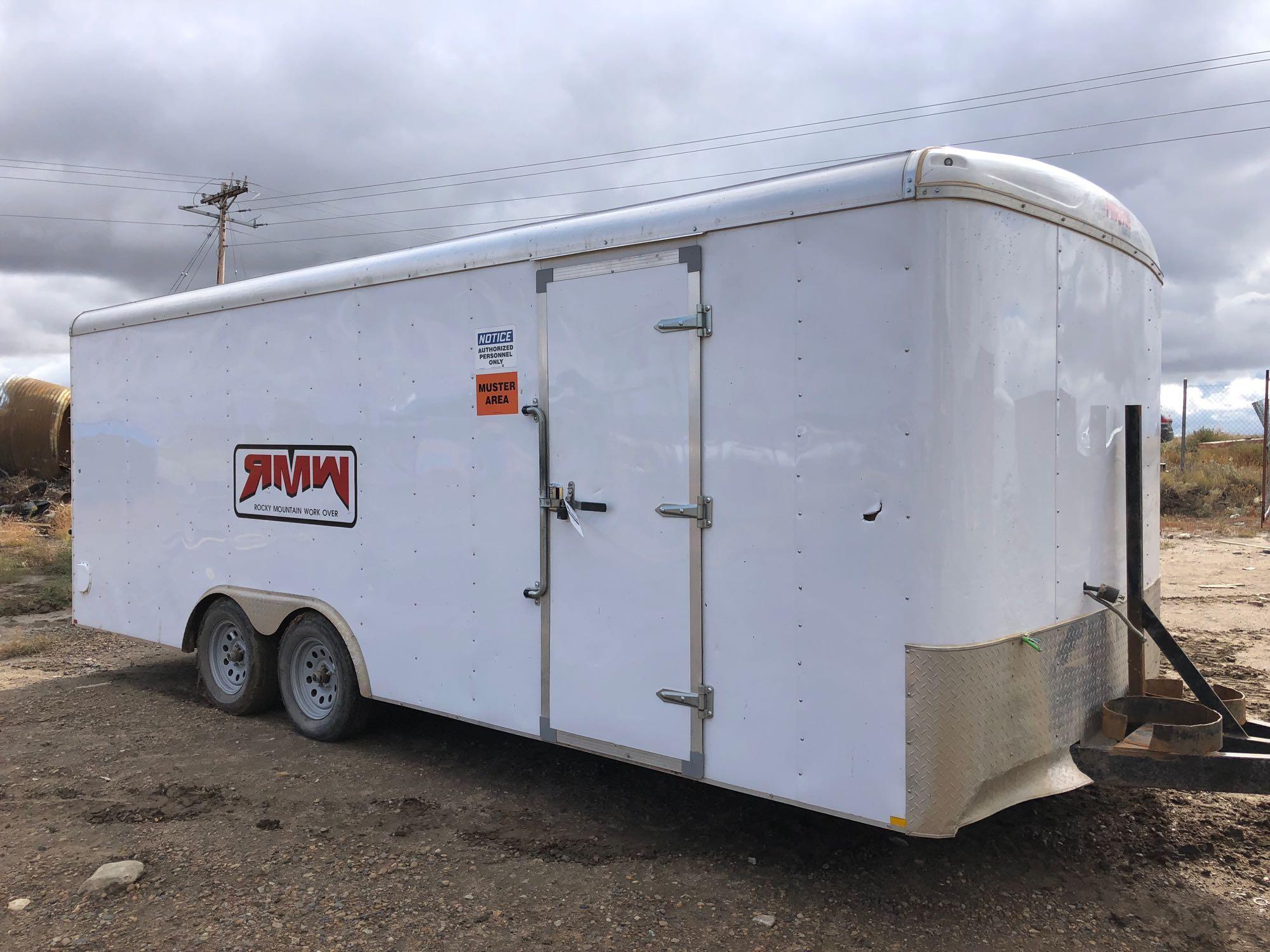 2006 8 foot x 20 foot White Mirage cargo trailer, side door, doghouse setup, full width back gate