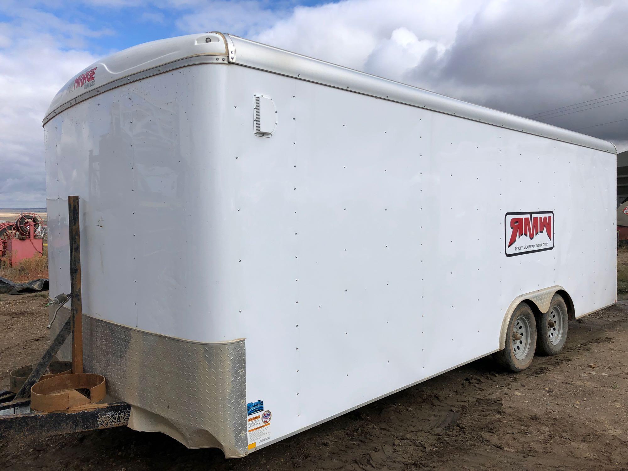 2006 8 foot x 20 foot White Mirage cargo trailer, side door, doghouse setup, full width back gate