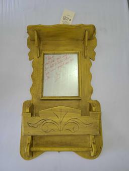 ANTIQUE WOODEN SHAVING MIRROR WITH SHELF AND TOWEL HOLDER