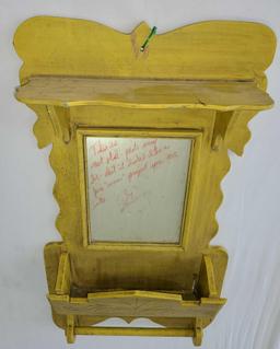 ANTIQUE WOODEN SHAVING MIRROR WITH SHELF AND TOWEL HOLDER