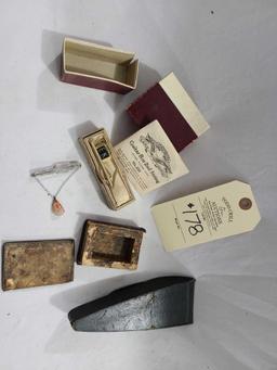 GRETSCH GUITAR STRING IN BOX, TIE CLIP INITIALS EK, SM WOODEN BOOK BOX AND MISC.