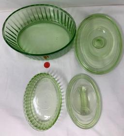 Two vintage oval green depression glass refrigerator dishes