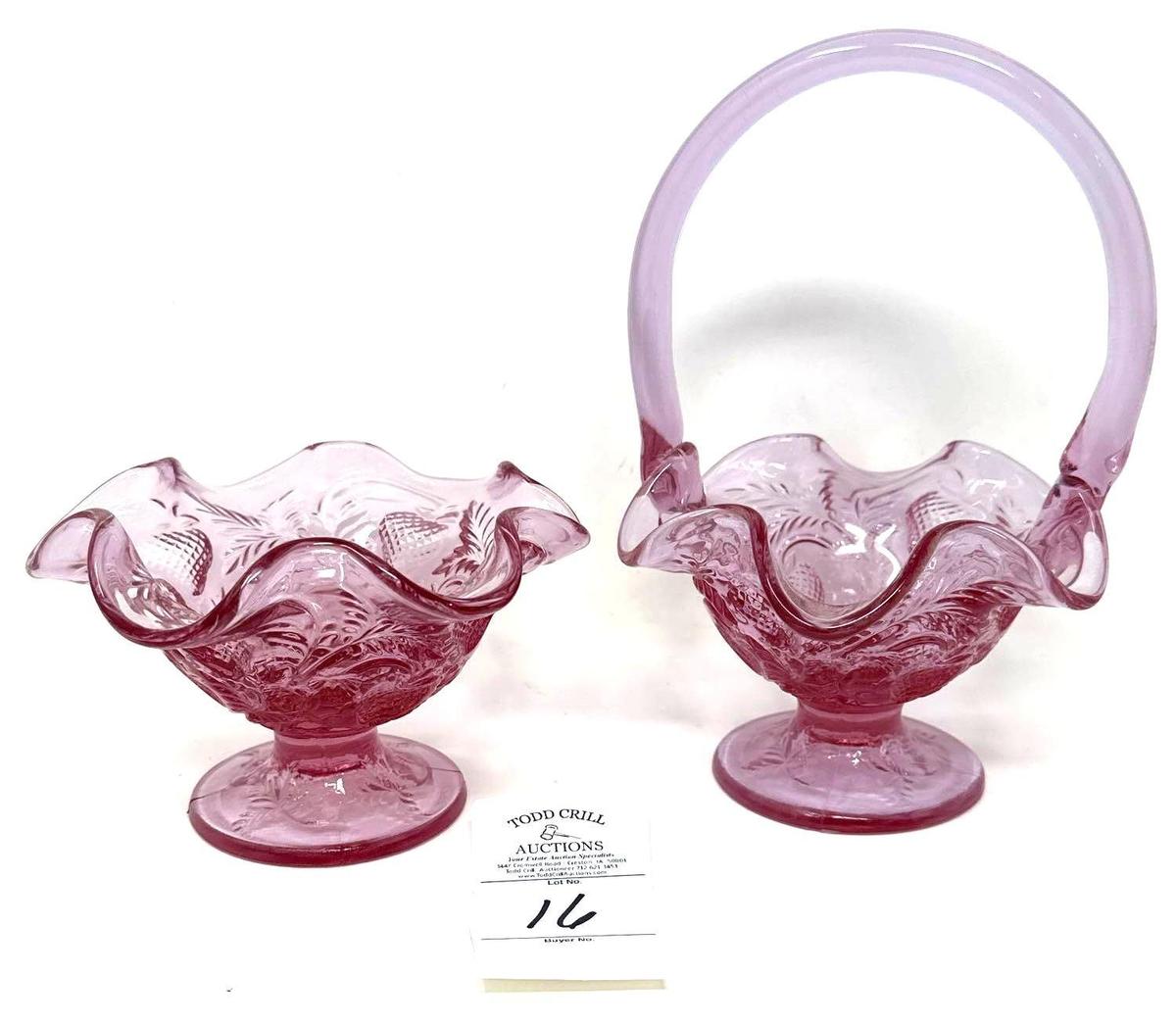 Two vintage purple strawberry pattern Fenton candy dishes