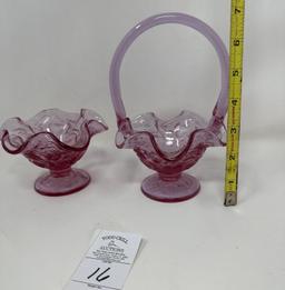 Two vintage purple strawberry pattern Fenton candy dishes