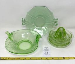 Antique uranium candy dish, plate (handled) and uranium juicers, green depression plate