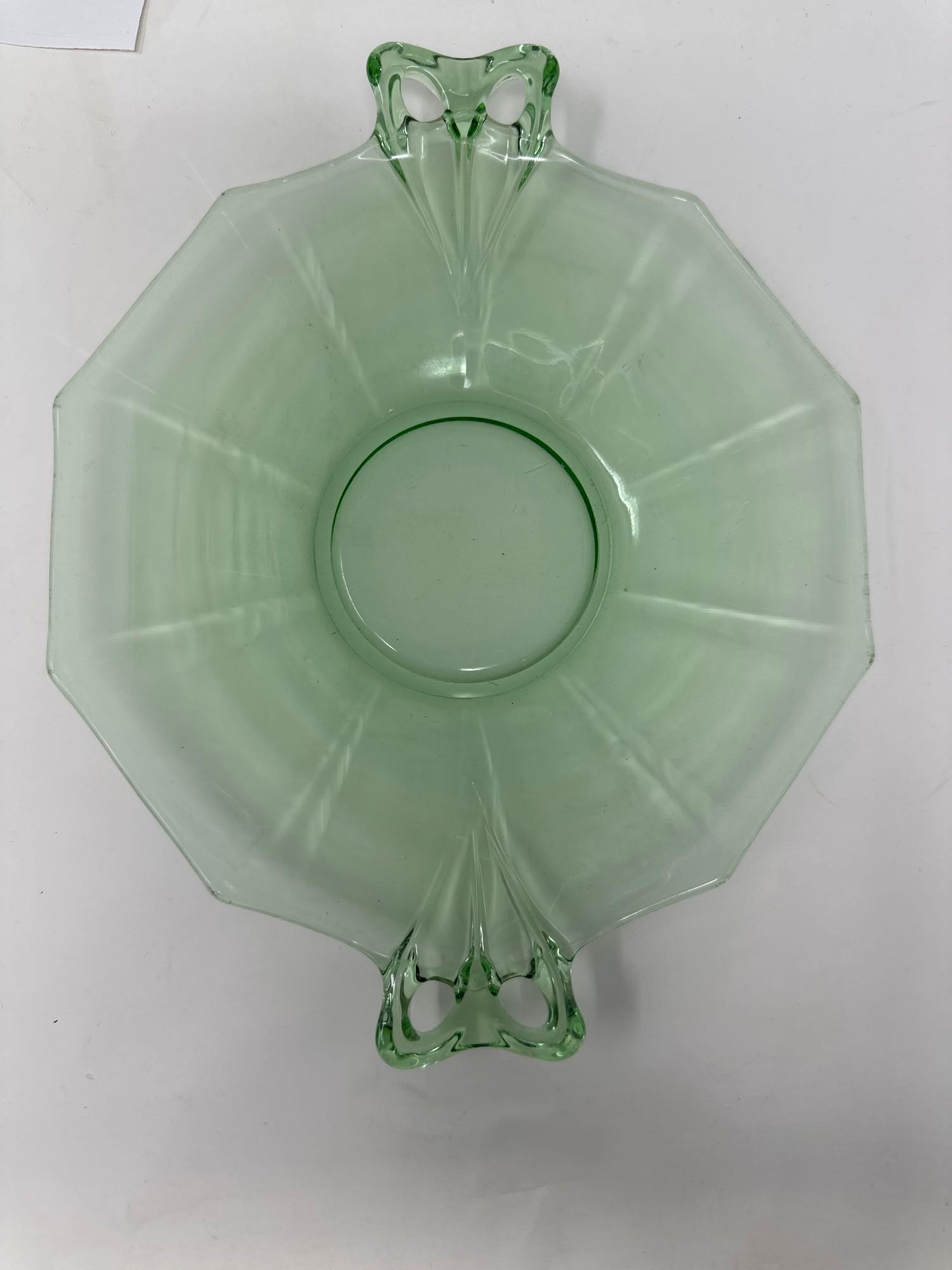 Antique uranium candy dish, plate (handled) and uranium juicers, green depression plate