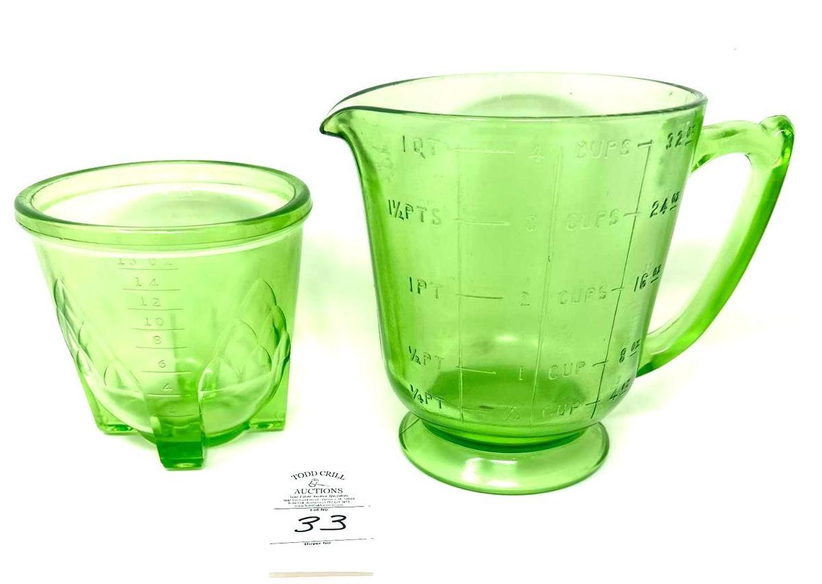 Antique uranium glass, 1 qt measuring cup and beater jar 16 oz base