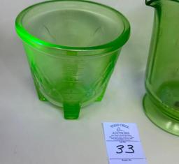 Antique uranium glass, 1 qt measuring cup and beater jar 16 oz base