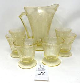 Antique yellow Florentine No. 2 Hazel glass Co pitcher and goblets