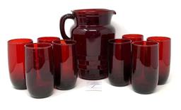 Vintage red pitcher and eight glasses