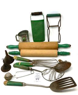 Antique green handled kitchen items