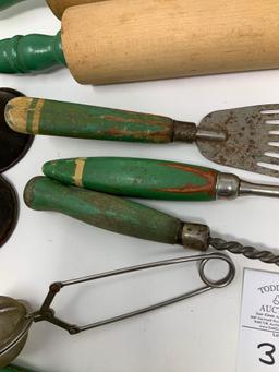 Antique green handled kitchen items