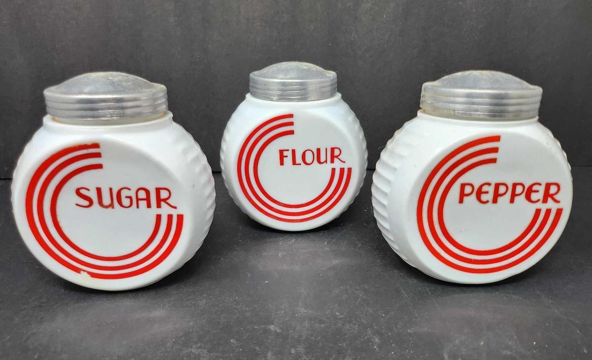 3 Pc Vintage FireKing Vitrock Red Circle Shaker Set
