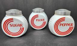 3 Pc Vintage FireKing Vitrock Red Circle Shaker Set