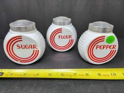 3 Pc Vintage FireKing Vitrock Red Circle Shaker Set