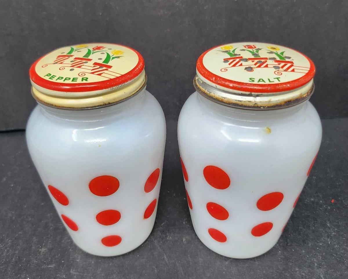 Vintage FireKing Red Dot Shakers W/Tulip Lids