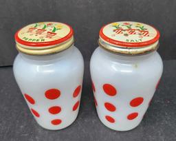 Vintage FireKing Red Dot Shakers W/Tulip Lids