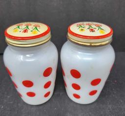 Vintage FireKing Red Dot Shakers W/Tulip Lids