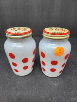 Vintage FireKing Red Dot Shakers W/Tulip Lids
