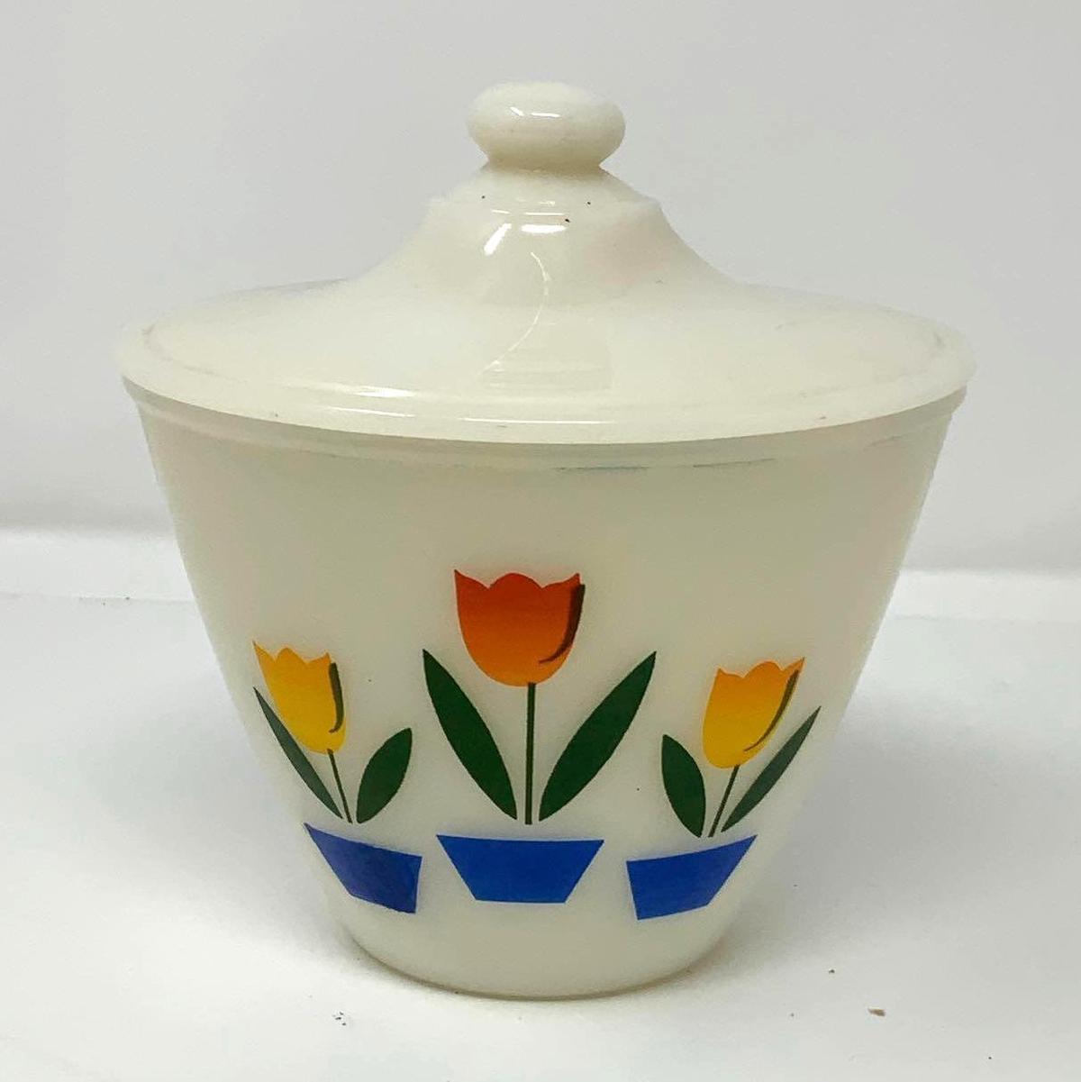 Fire King Tulips on Ivory Grease Jar