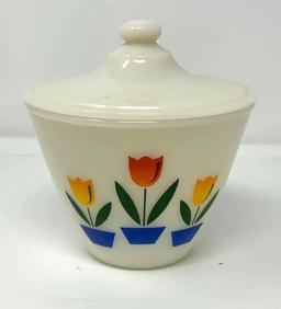 Fire King Tulips on Ivory Grease Jar