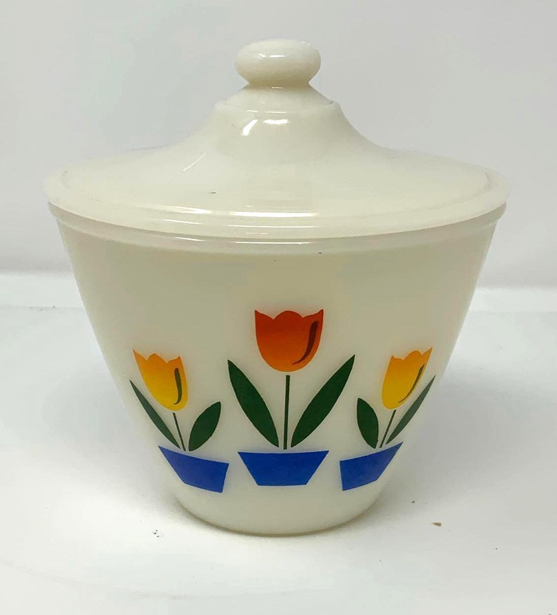 Fire King Tulips on Ivory Grease Jar