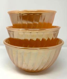 3 Piece Set Fire King Peach Lustre Swirl Mixing Bowls