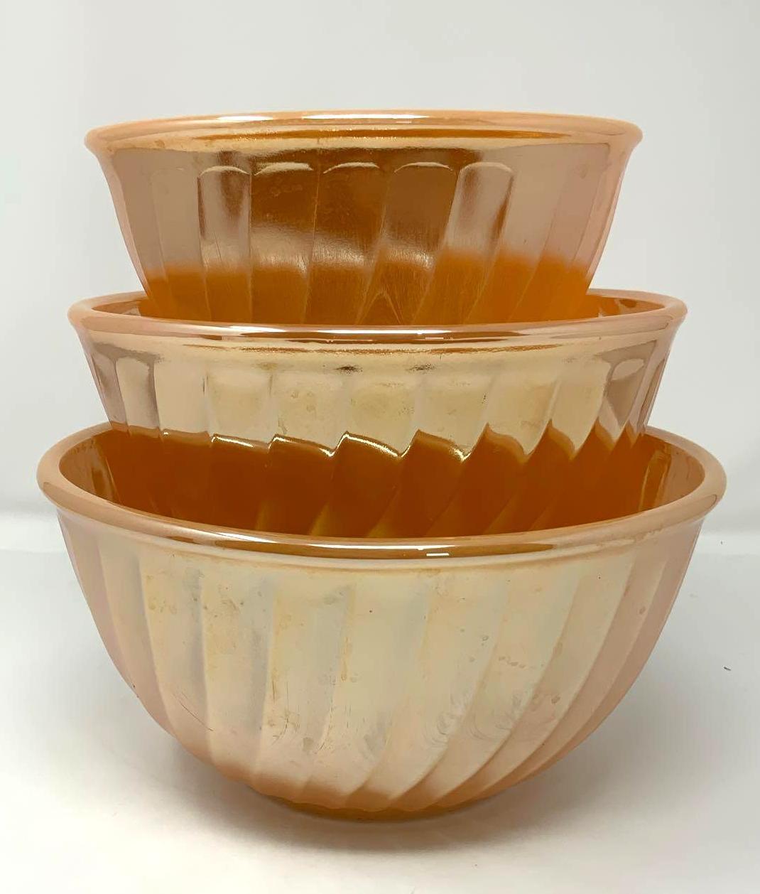 3 Piece Set Fire King Peach Lustre Swirl Mixing Bowls