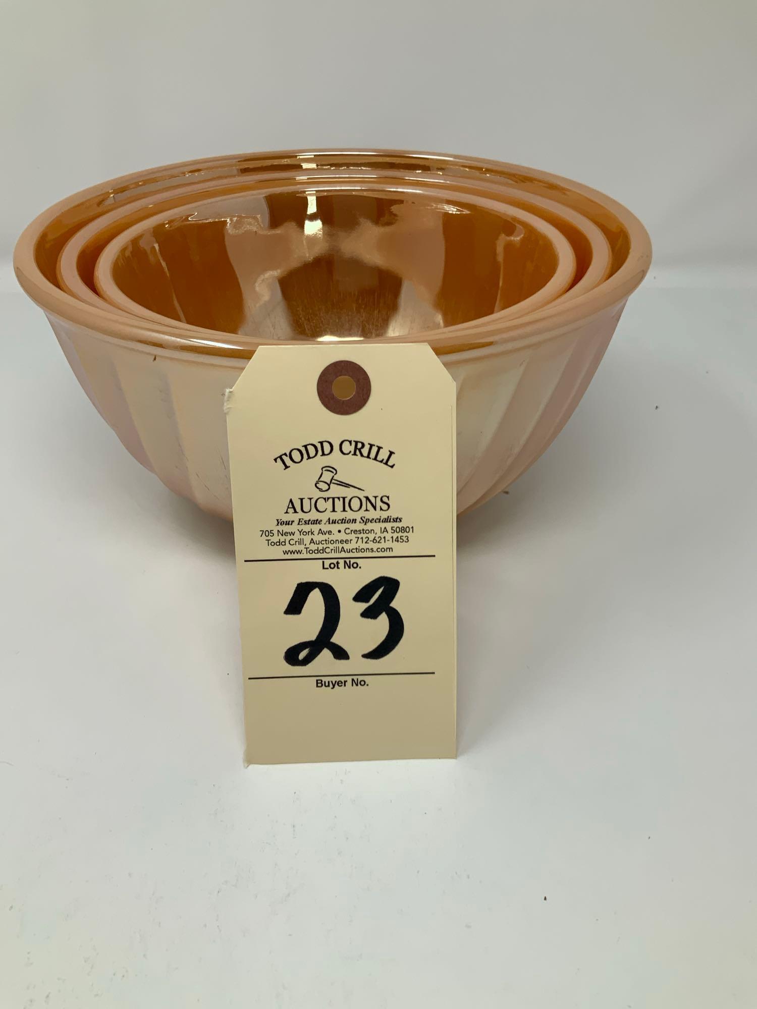 3 Piece Set Fire King Peach Lustre Swirl Mixing Bowls